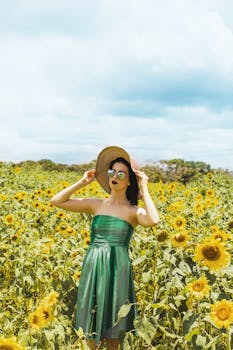 阳光明媚的日子里，一位穿着绿色连衣裙、戴着帽子的时尚女人在充满活力的向日葵地里摆姿势