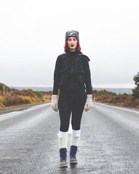 一位身穿冬装的年轻女子自信地站在一条废弃的道路上