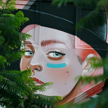 澳大利亚阿德莱德有一幅引人注目的街头艺术壁画，描绘了一张被绿色植物环绕的女人面孔