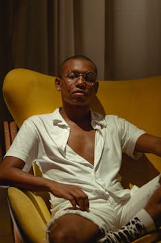 一位时尚男士戴着眼镜，舒适地坐在现代室内环境中的黄色椅子上