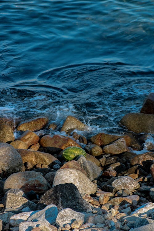 A rock sits on the shore of a body of water