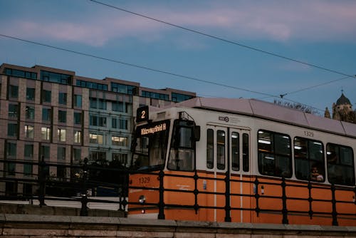 A trolley train is traveling down a street