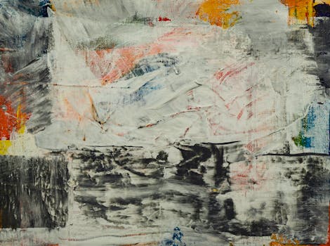 这幅抽象画充满活力，画布上纹理大胆，色彩多样