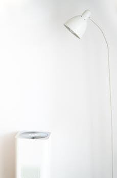 A minimalist room featuring a white floor lamp and air purifier against a blank wall.