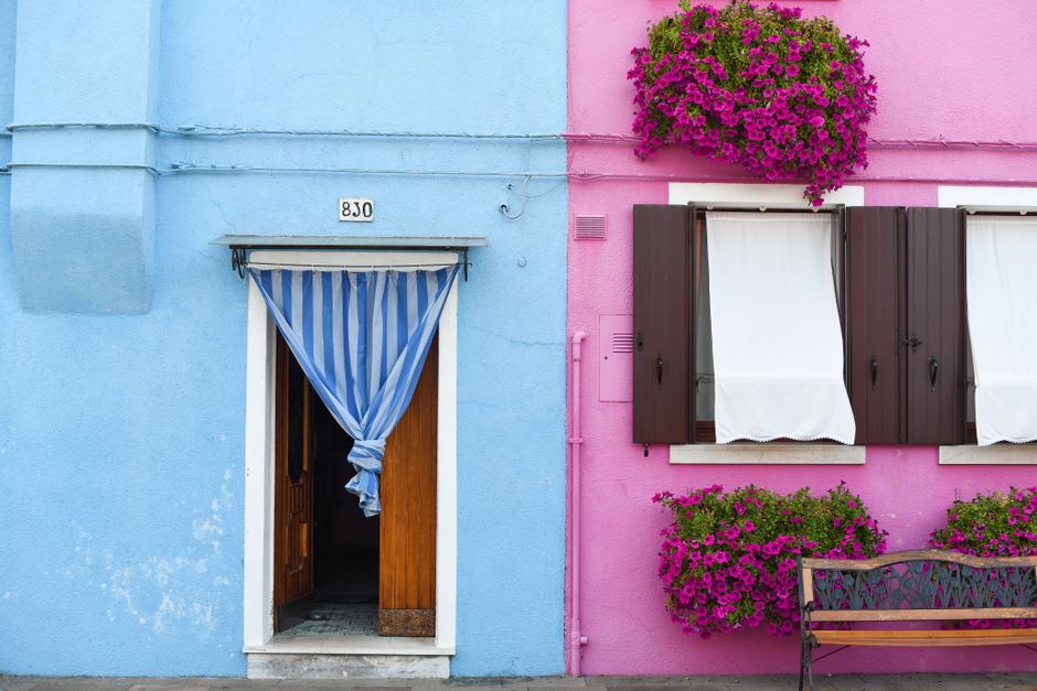 Vibrant urban wall with blue door and pink flowers, perfect exterior decor