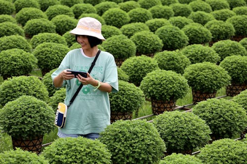 A woman in a hat is looking at a cell phone