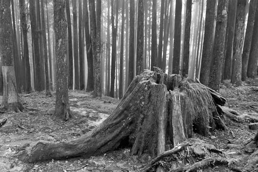 A black and white view of a dense forest and withered tree trunk in Alishan, Taiwan.