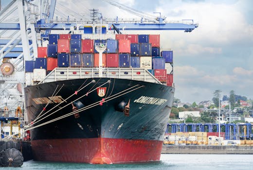 A large cargo ship with colorful containers docked at Auckland Port, New Zealand.