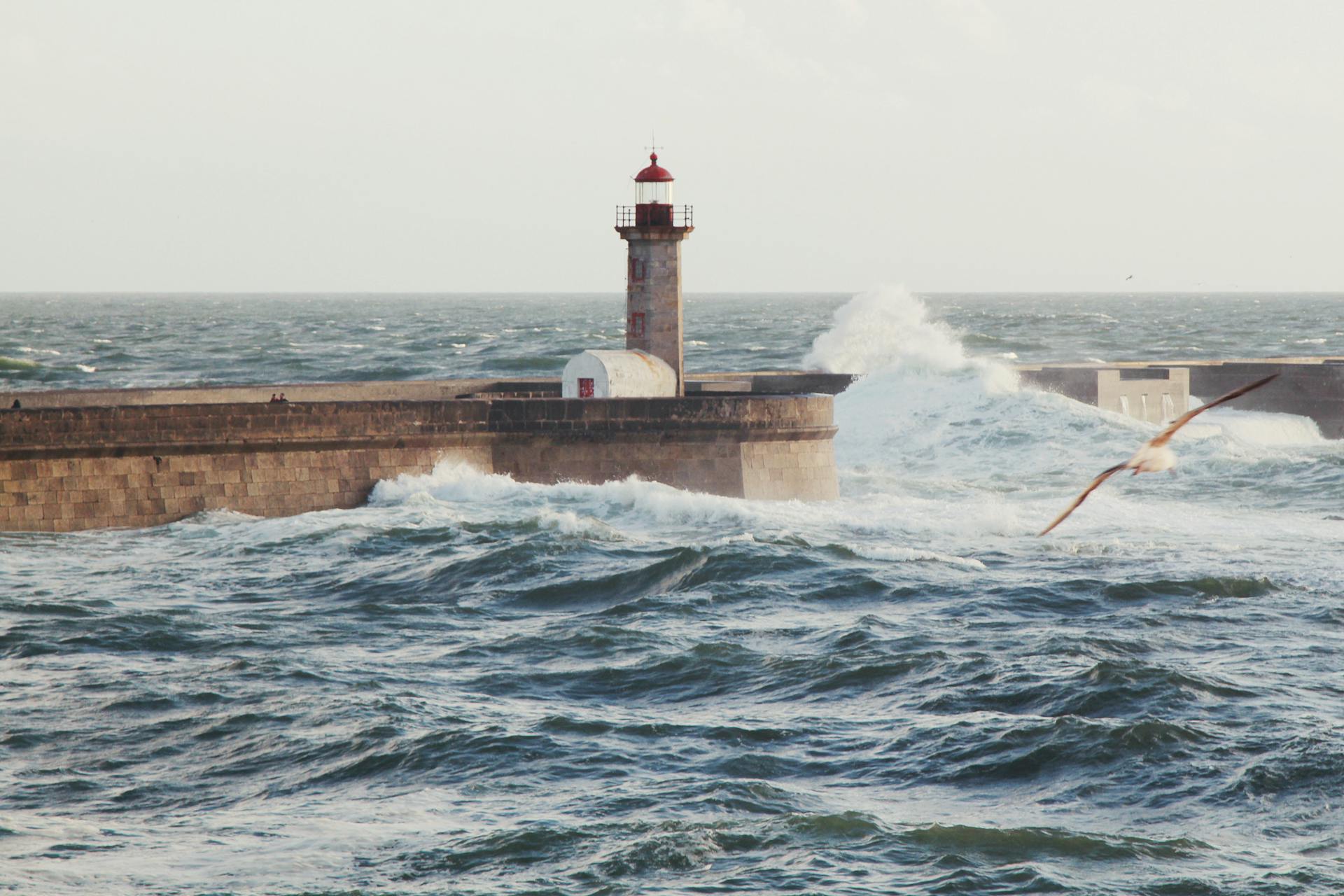 Dramatic waves crash against the Porto lighthouse under a gray sky, offering a stunning coastal view.
