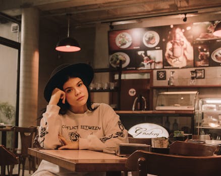 A woman in a cafe wearing a hat, seated thoughtfully at a wooden table.