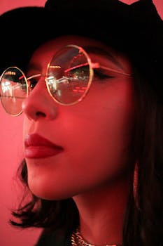 一幅描绘女子的肖像，她身穿红色灯光、戴着反光眼镜、涂着口红