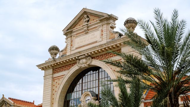Classic French architecture with palm trees under a clear sky, highlighting intricate design and elegance. — lounges at Nice Airport