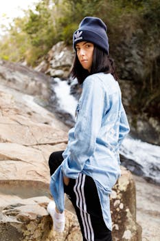 一位戴着无檐帽、身穿牛仔衬衫的女子，在岩石溪流旁摆出姿势，拥抱自然与时尚