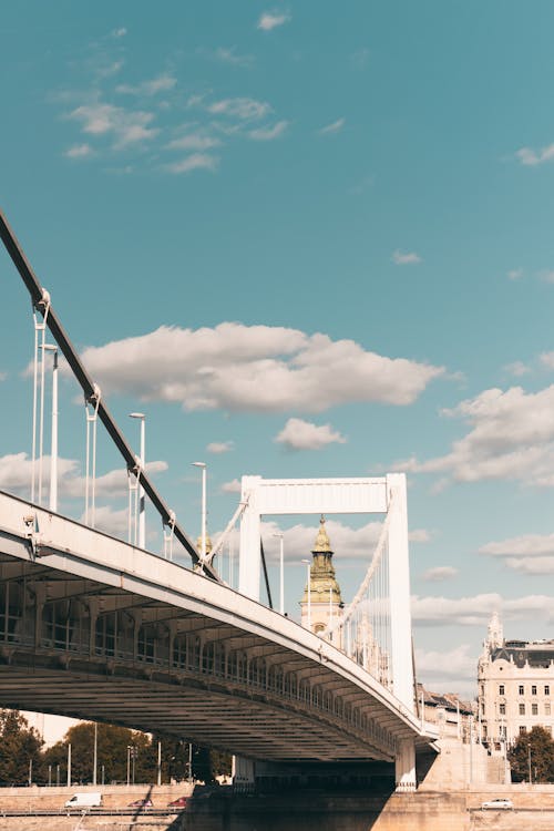 A bridge over a river with a white sky