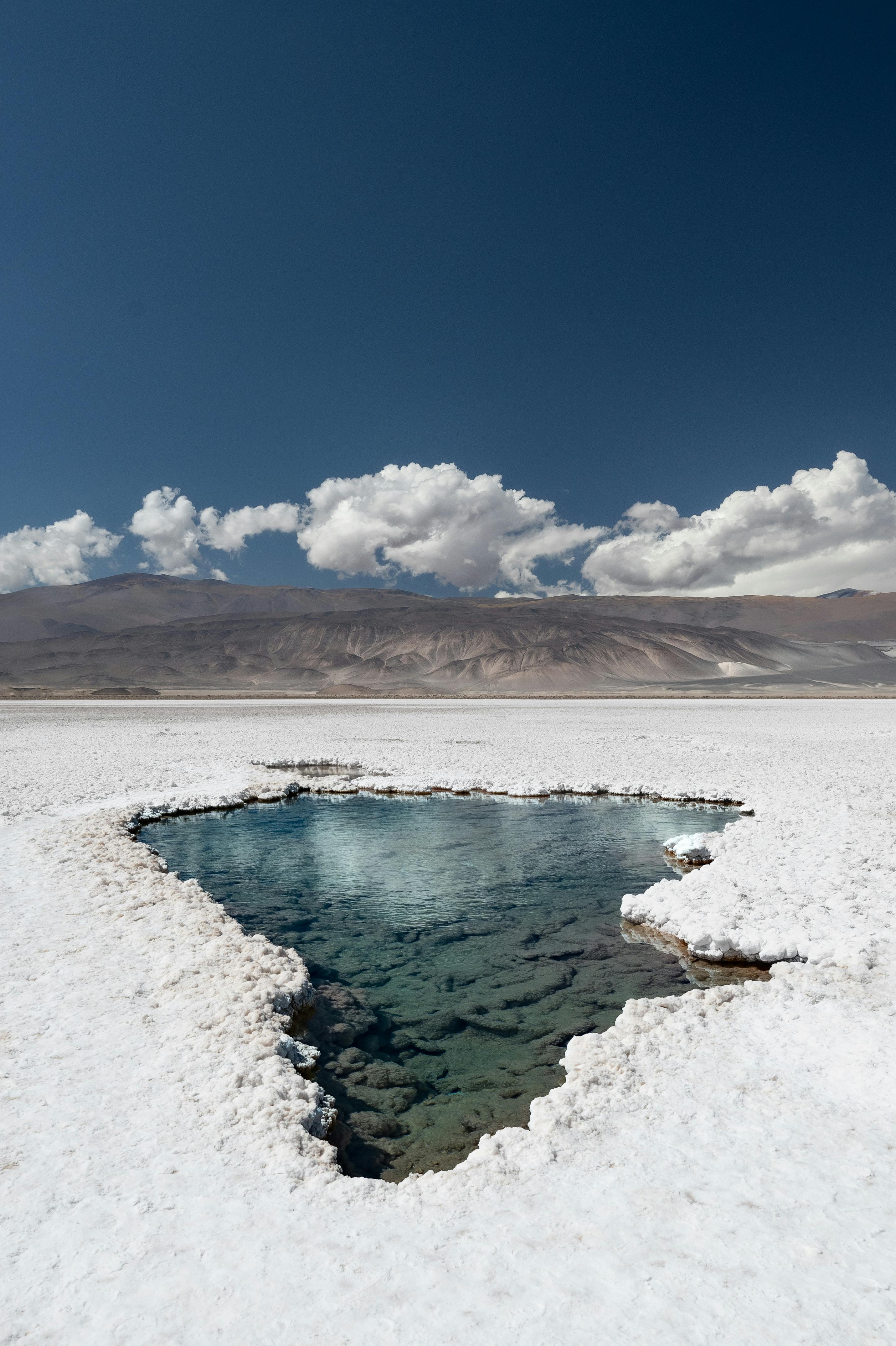 A serene view of Antofalla salt flat with clear skies in Catamarca, Argentina.