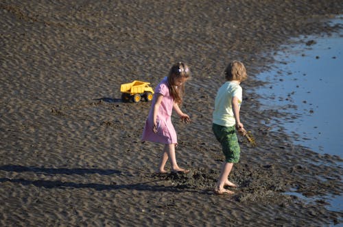 Free Children Playing on a Sandy Beach Stock Photo