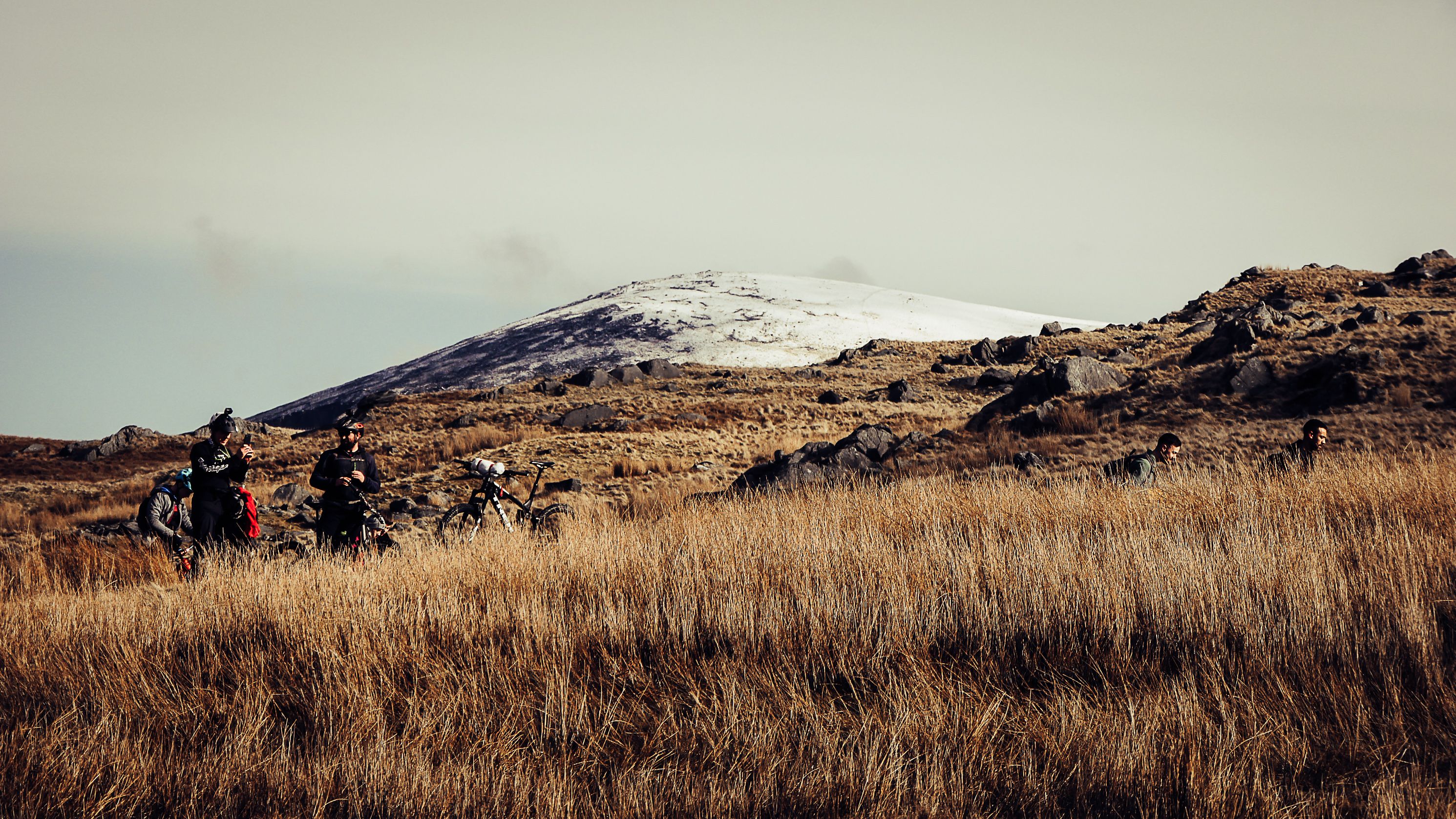 Group of cyclists enjoying scenic Snowdonia landscape with snow-capped mountains and grasslands.