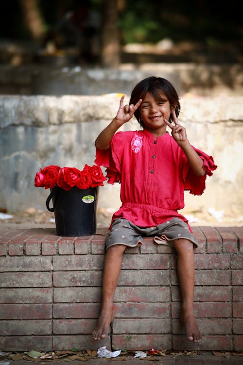 A little girl sitting on a brick wall with flowers