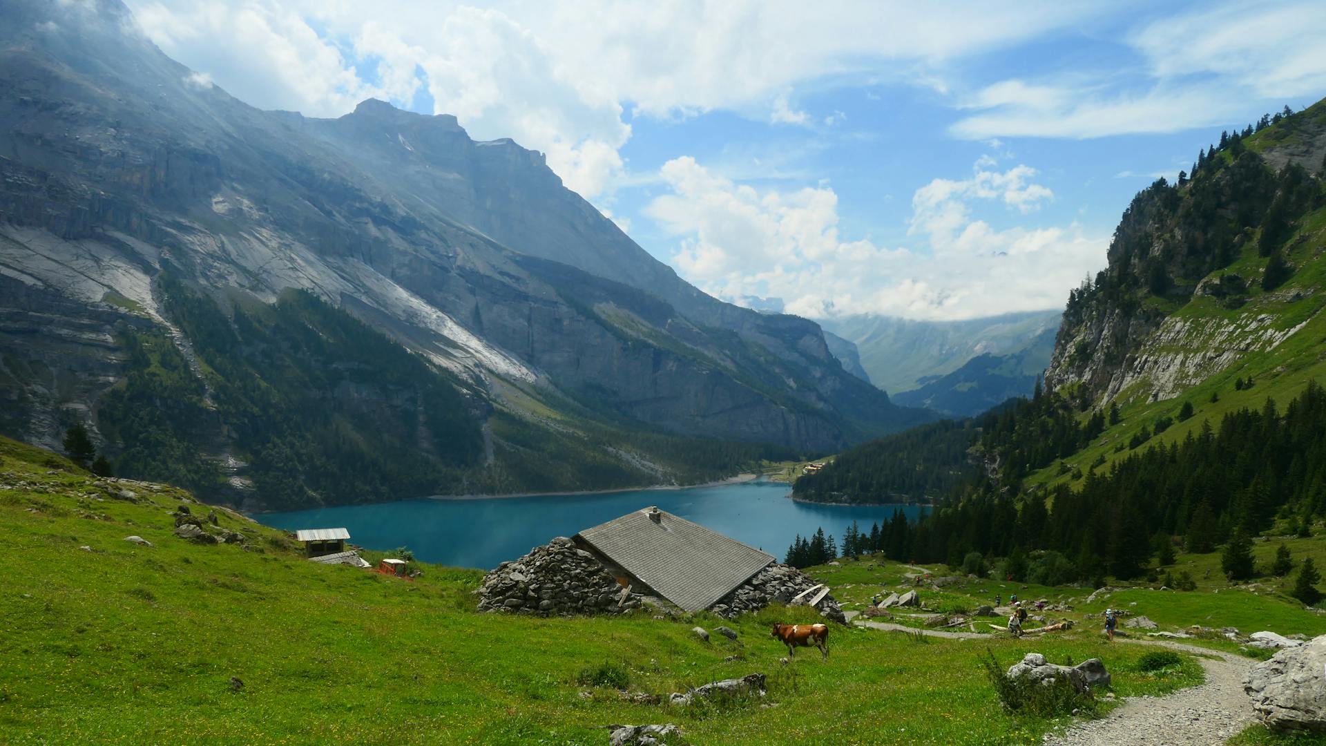 Vue panoramique du lac d'Oeschinen dans l'Oberland bernois, en Suisse