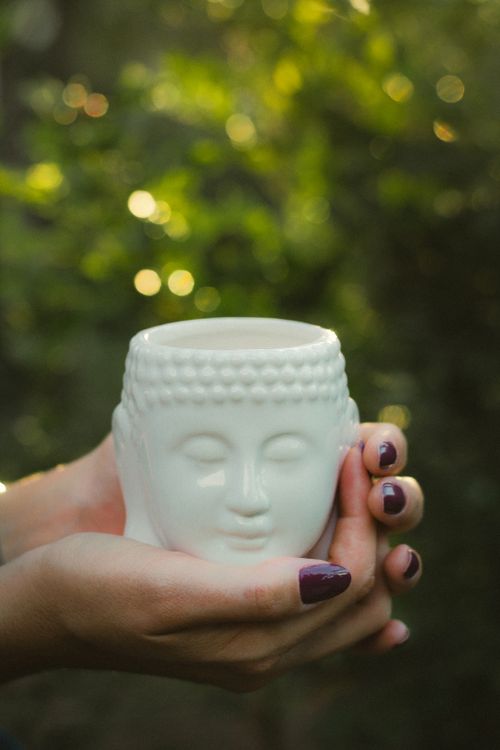 Free A serene ceramic Buddha head cup held by hands with dark nail polish against a green natural backdrop. Stock Photo