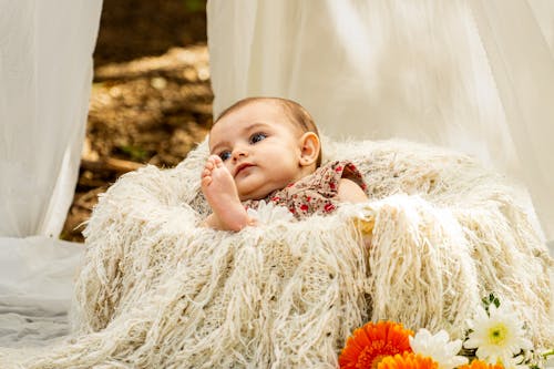 Free A baby is laying in a white blanket with flowers Stock Photo