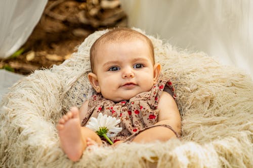 Free A baby sitting in a furry chair with a flower Stock Photo