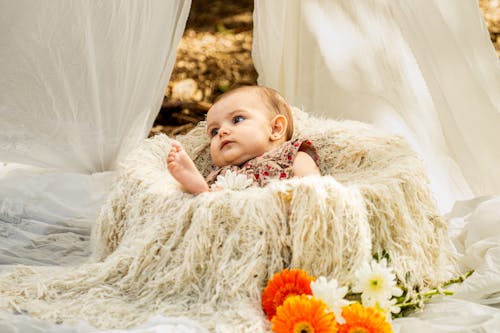 Free A baby girl is sitting in a white blanket Stock Photo
