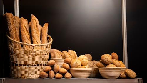 Free Breads in Basket and Bowl Stock Photo