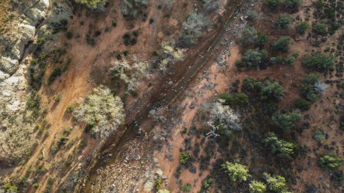 Free Stunning aerial shot of a dry stream and desert landscape in Virgin, Utah. Stock Photo