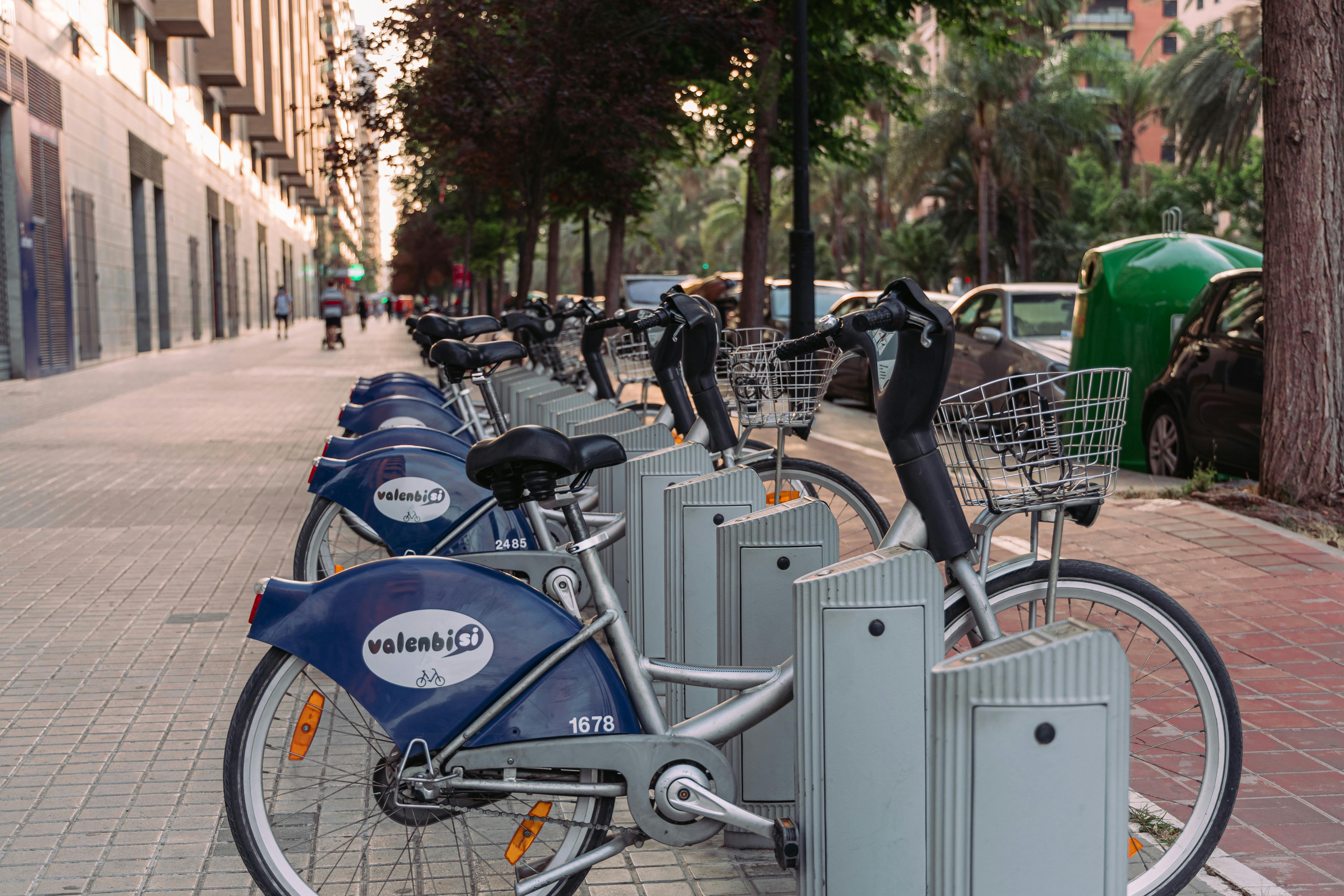 a row of bicycles parked on the side of the road