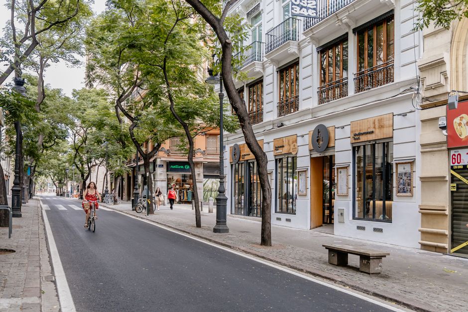 Una mujer monta en bicicleta por una encantadora calle arbolada en Valencia, España, mostrando la vida urbana.