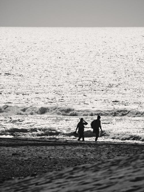Silhouette of People on a Beach in Black and White 