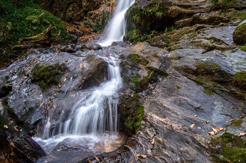 A waterfall is flowing over rocks in the woods