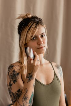 一位纹身女子在室内摆姿势，表情柔和