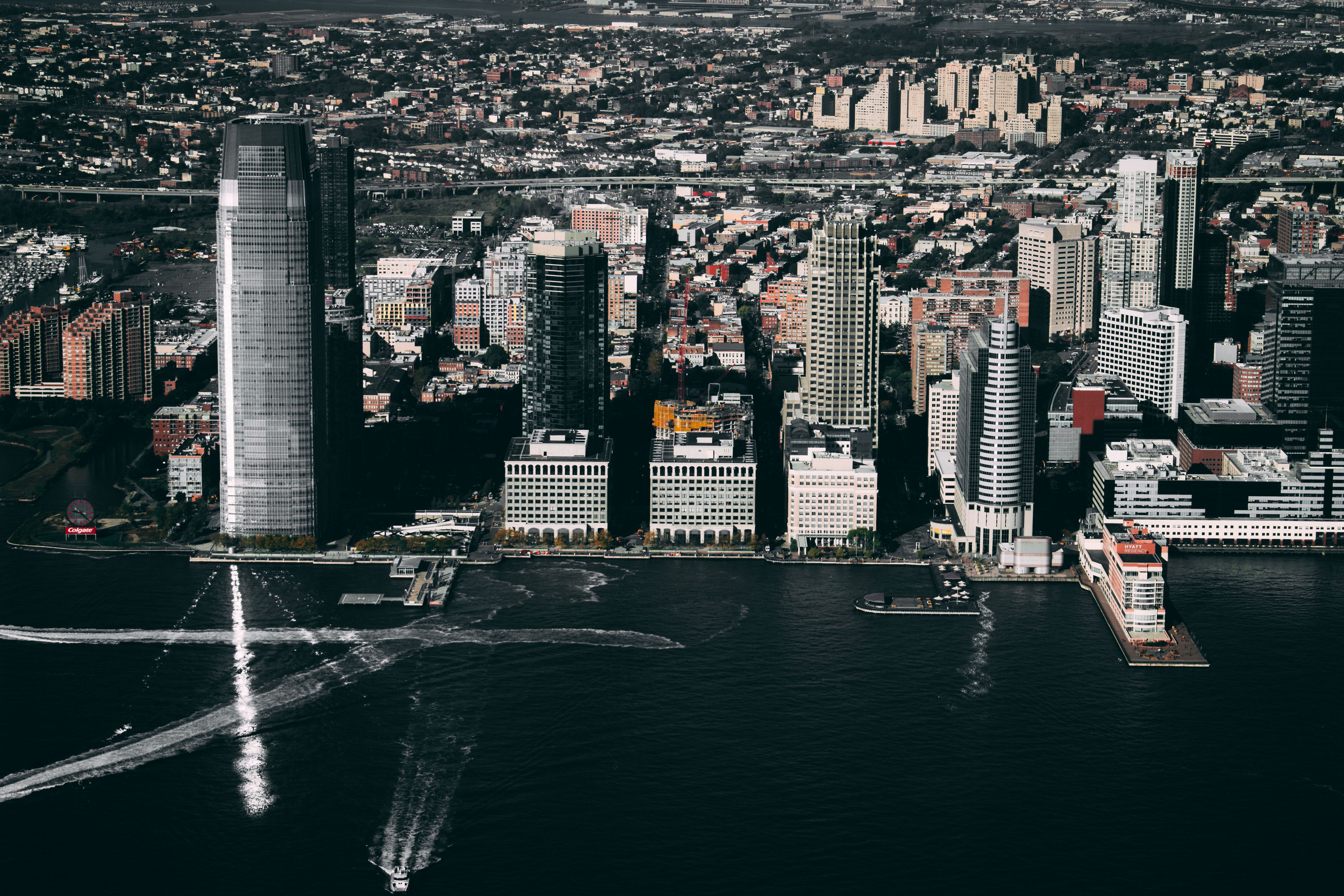 Union City: Aerial view of Jersey City's skyline along the Hudson River