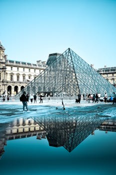 Iconic glass pyramid of the Louvre Museum in Paris reflecting in a pool, showcasing classic architecture.