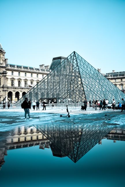 Iconic glass pyramid of the Louvre Museum in Paris reflecting in a pool, showcasing classic architecture.