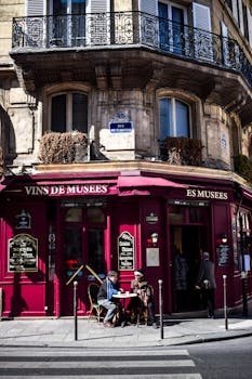 A classic Parisian café in the vibrant city setting, perfect for urban exploration.