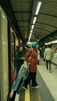 Travelers with luggage exiting a train at a London underground station.