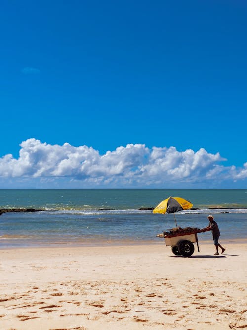A man walking on the beach with a cart