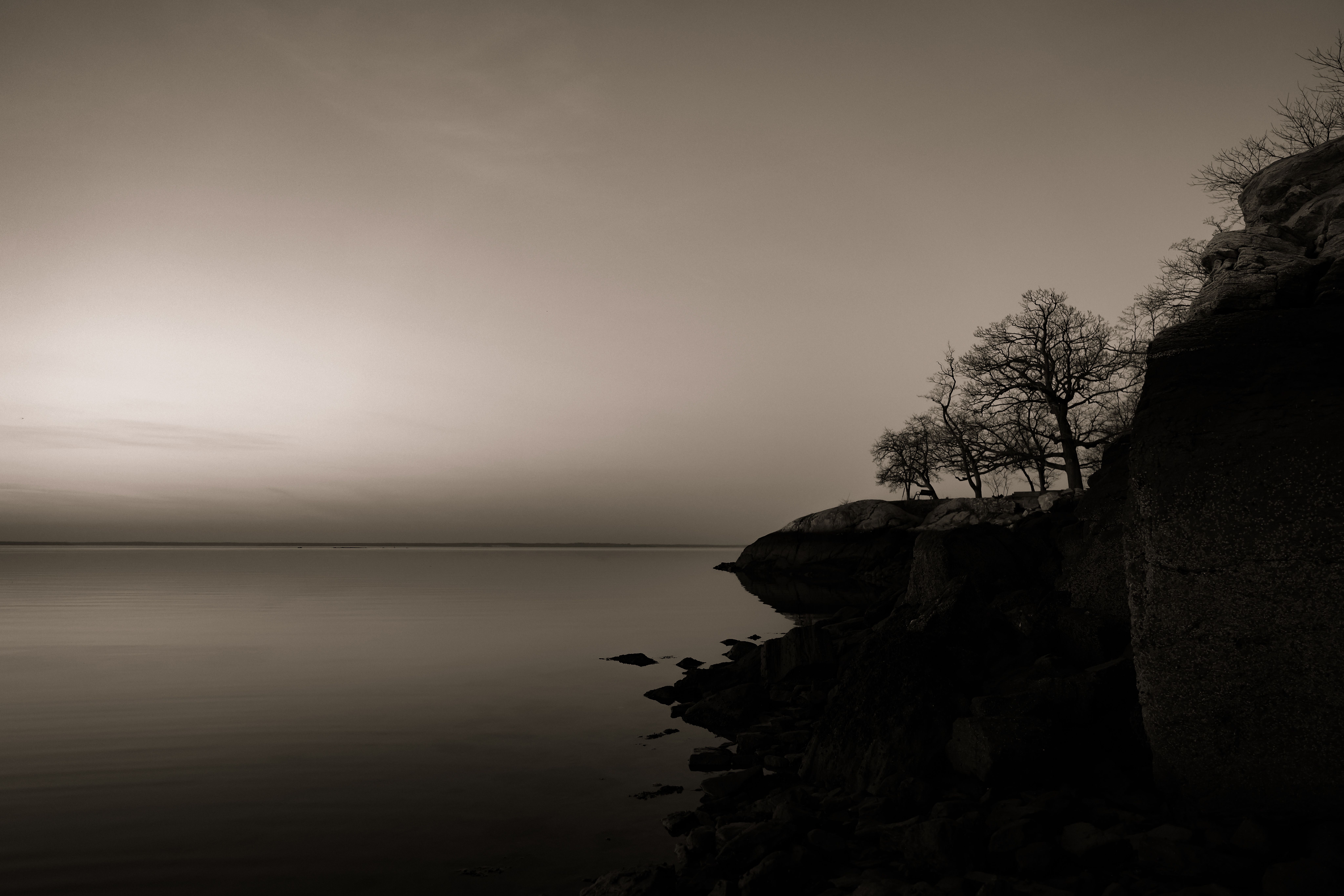 Shoreline low tide in monochrome, 610 am. 50° F. April 9, 2024. Cove