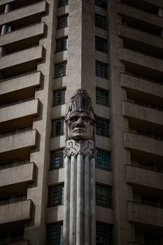 Close-up of Edificio Acaiaca's art deco facade featuring a central statue in Belo Horizonte, Brazil.. pexels, close, edificio