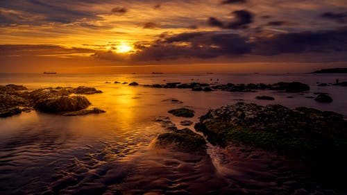 岩石, 岸邊, 日落 的 免费素材图片