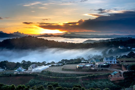 Experience the stunning sunset over Đà Lạt's misty hills and cultivated fields.