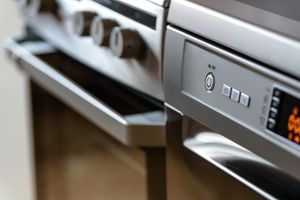 Close-up of stainless steel oven and stove controls