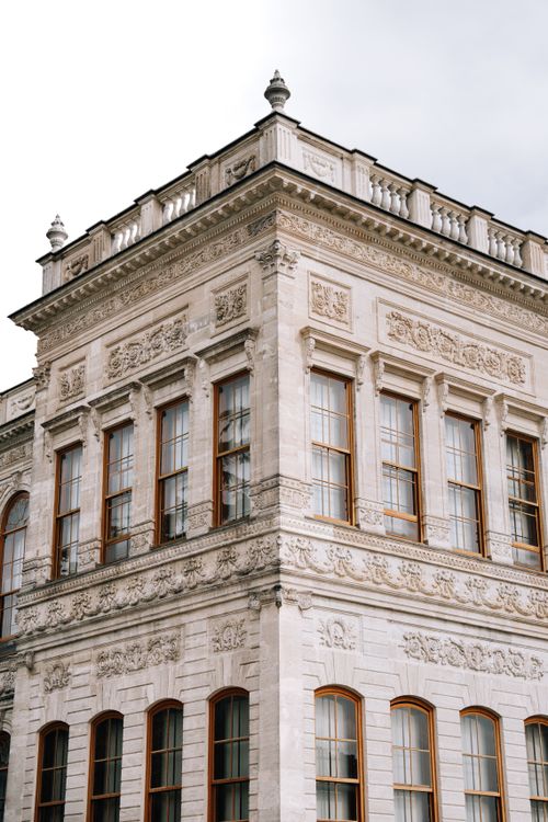 Free Detailed view of the ornate facade of Dolmabahçe Palace, showcasing architectural beauty in Istanbul. Stock Photo