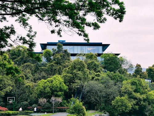 A building with a green roof and trees on the side