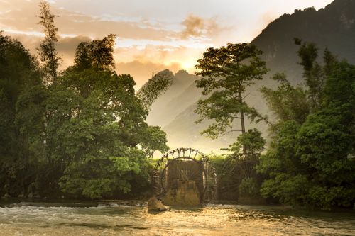 Free A serene sunrise view of a lush forest with a water wheel on a calm river, perfect for nature lovers. Stock Photo