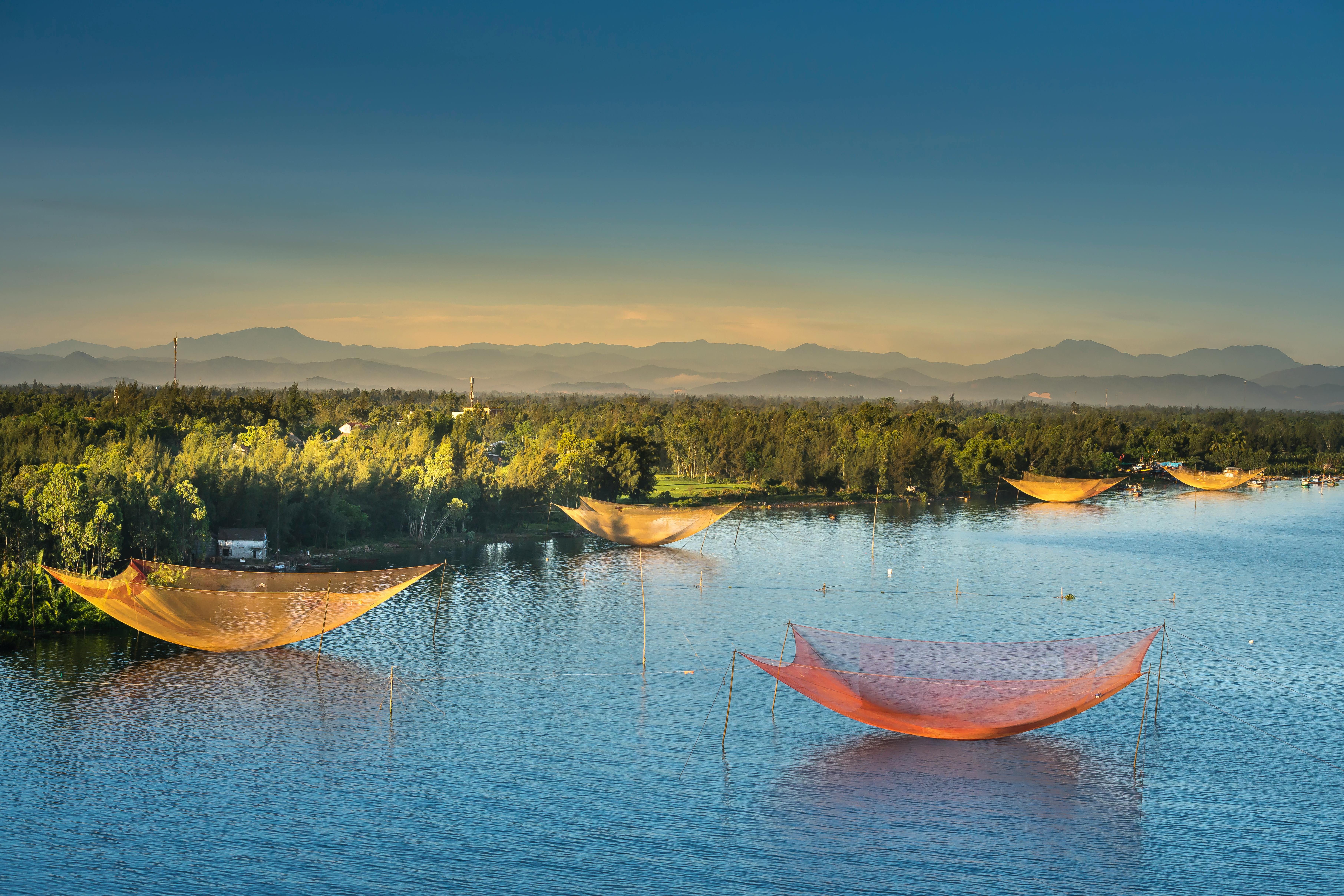 日出时分，宁静的湖面被树木和山脉环绕，渔网点缀其间