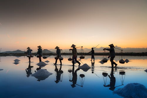 Five Men Walking in Line Carrying Baskets during Golden Hour